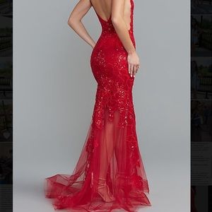 Ava Presley red designer embroidered dress size 0 with beautiful mesh trail.